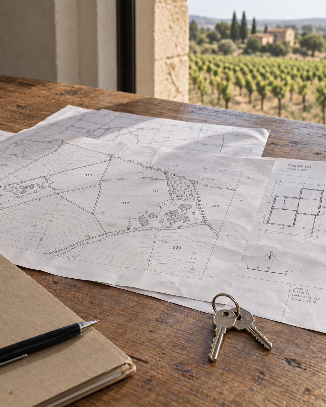 Plans parcellaires sur feuilles séparées et deux clés sur une table de travail