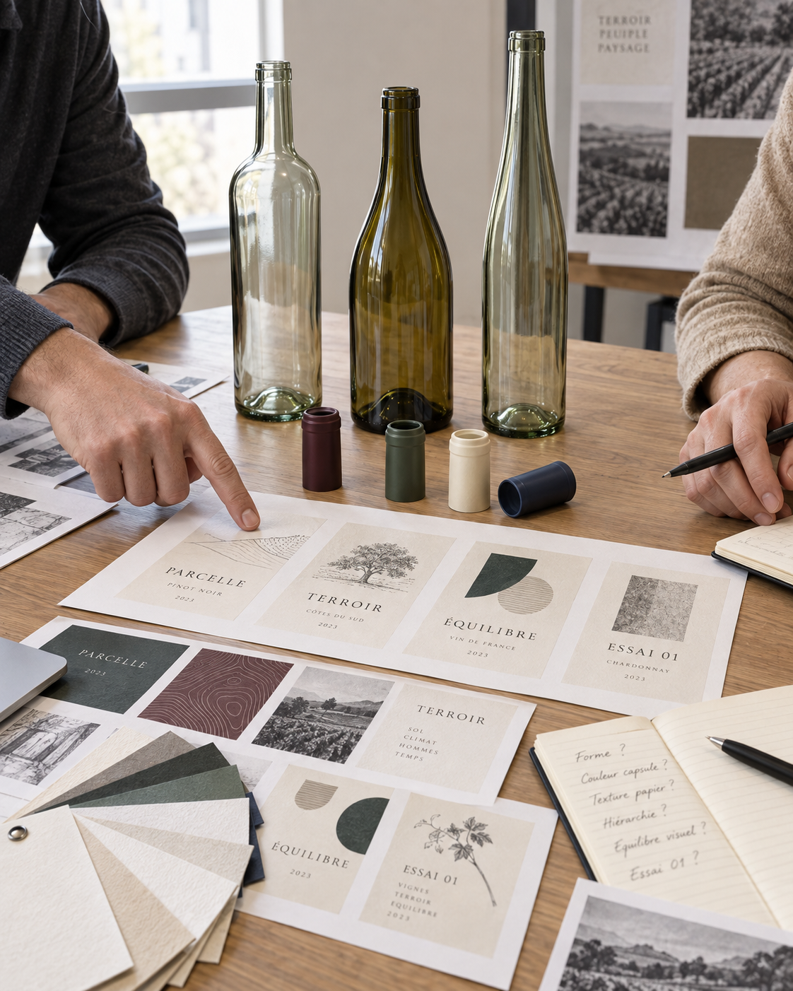 Packaging design discussion with empty bottles, capsules and label samples on a worktable