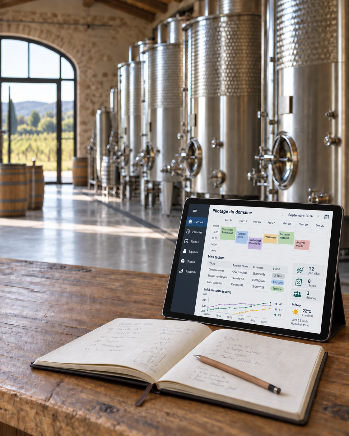 Tablet displaying a scheduling and task management application in a wine cellar
